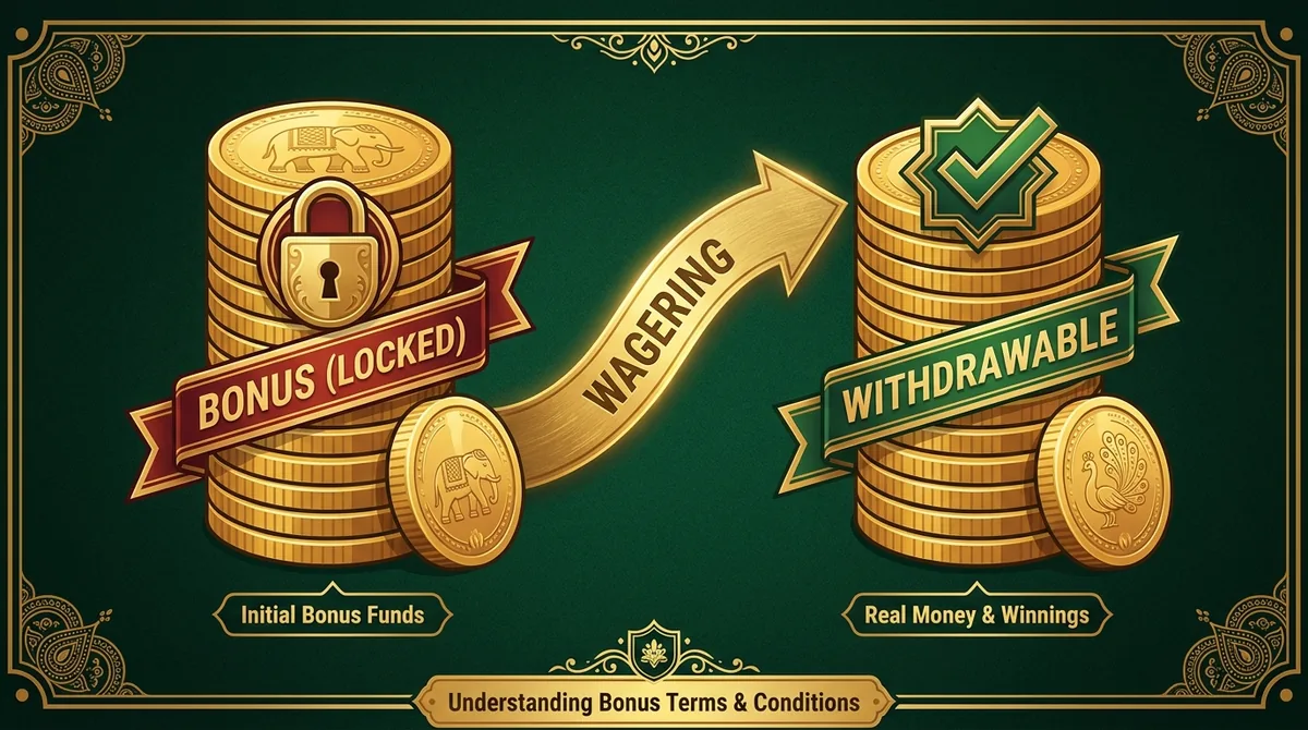 Infographic illustrating bonus wagering requirements and wallet conversion rules