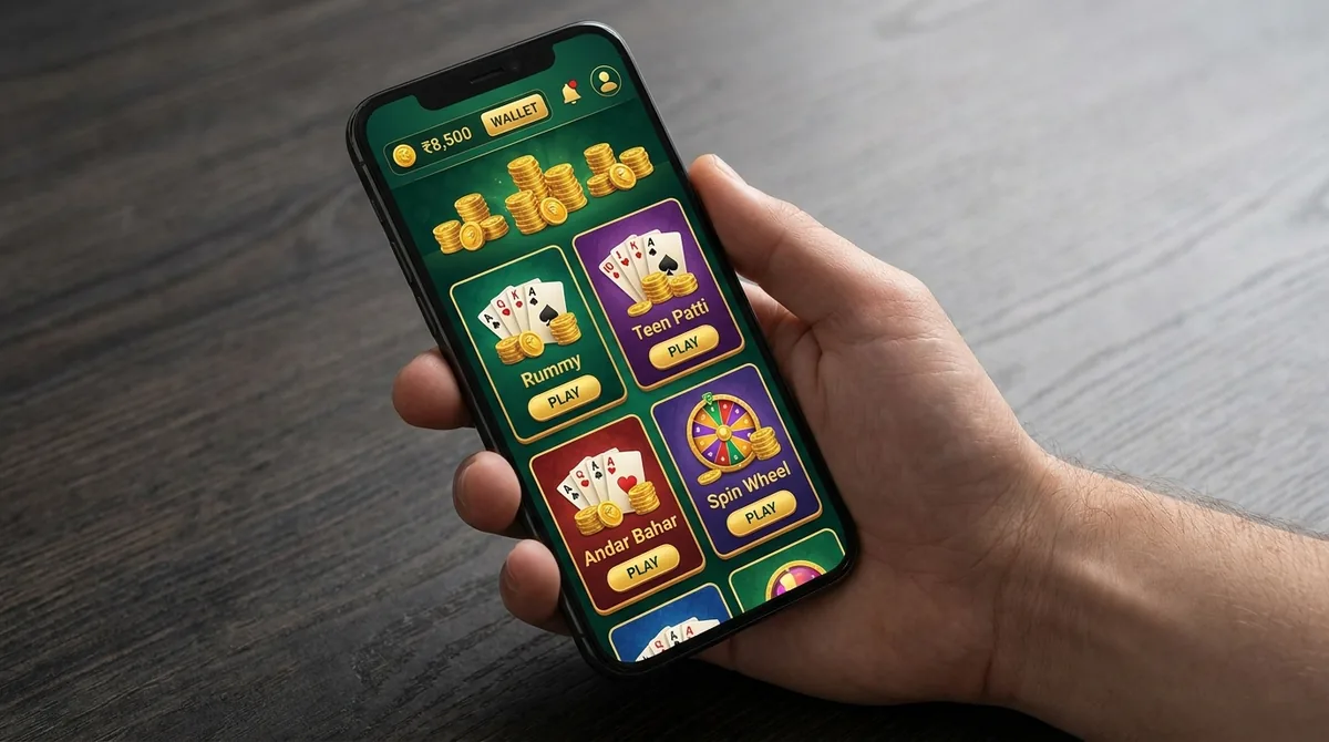 Rummy Wealth lobby showing green and gold UI, coin stacks, and core game categories during our live test.